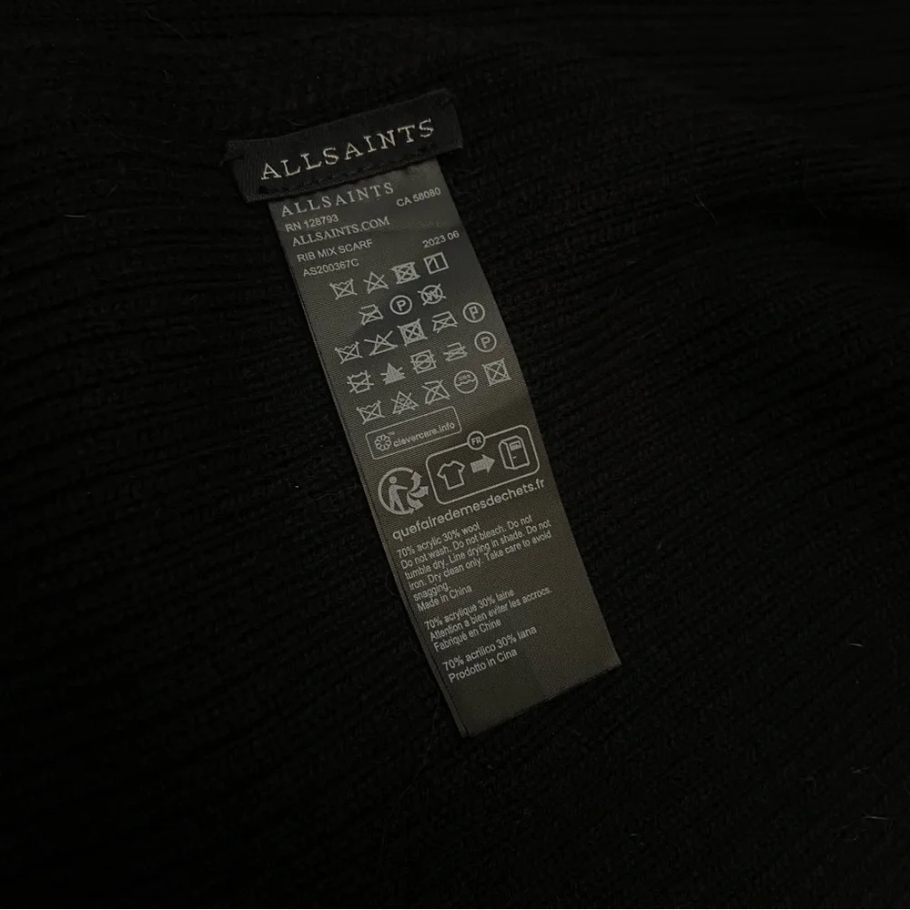AllSaints Black Rib Mix Wool Blend Knit Scarf One Size 2208
